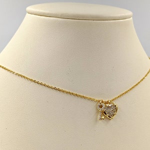 Gold Lock and Key Necklace; 925 Lock & Key Necklace; Sterling Gold Lock with Key Pendant Necklace; Gold Pave Key and Lock, Infinity Close