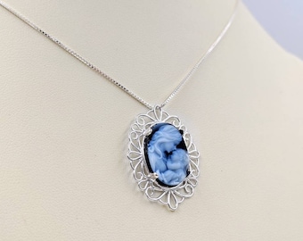 Victorian Cameo Necklace; Blue Mother Child Genuine Agate Cameo; Mother & Child Cameo in Filigree Setting; Blue Agate Cameo, Infinity Close