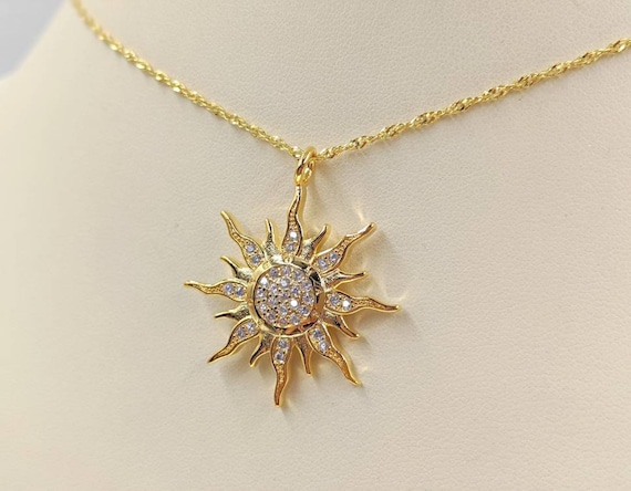 Pave Gold Sun Necklace 925 Sunrise Necklace Sunburst Necklace Gold