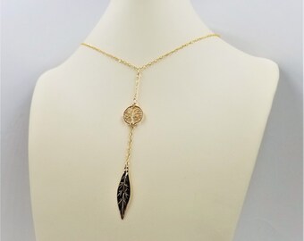 14K Gold Filled Infinity (Figure Eight) Chain Tree of Life Necklace with 14K Gold Marquise Leaf Drop and Gold Infinity Clasp Closure