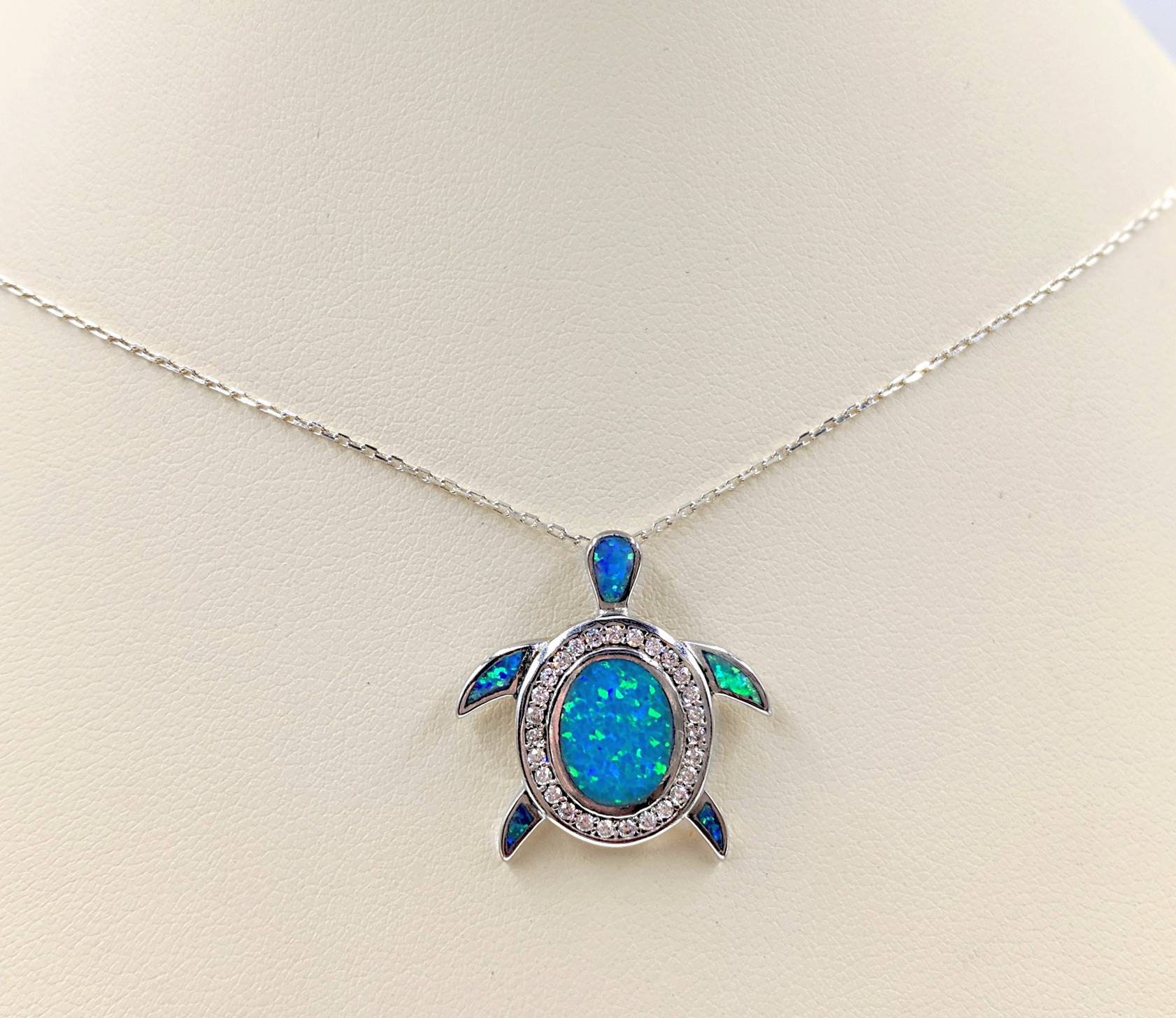 Turtle Necklace; Sterling Turtle Necklace W Blue Fire Opal; 925 Opal ...