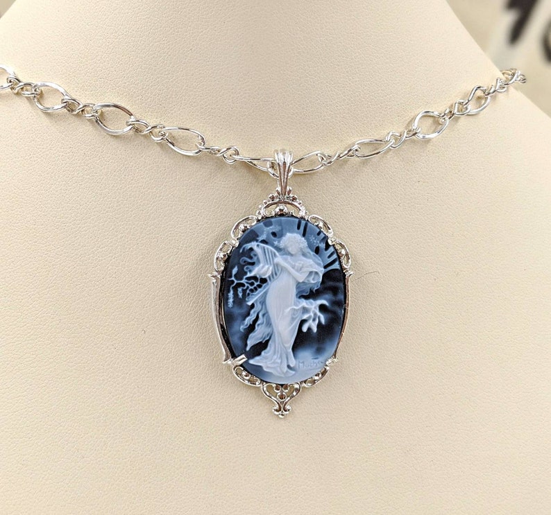 Mucha Agate Cameo Classic Victorian Cameo Necklace Blue Genuine Agate Cameo w 925 Filigree Setting & Sterling Chain Mucha, Infinity Close image 6