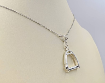 925 Stirrup Pendant Lariat Necklace; Horse Stirrup Necklace; Lariat with Stirrup Charm & Center; Horseback Riding Stirrup, Infinity Close