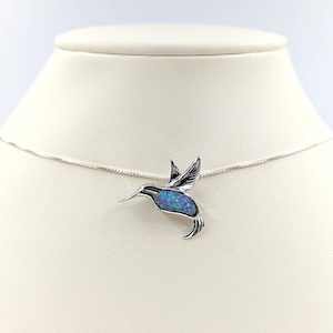 Silver & Blue Opal Hummingbird Necklace; 925 Sterling Hummingbird Pendant; Purple Opal Hummingbird Necklace; Fire Opal Hummingbird Necklace