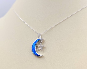 Moon and Star Necklace; 925 Silver Crescent Moon with Blue Opal & Pave Star; Opal Moon Necklace; Moon Pendant with Star, Infinity Close