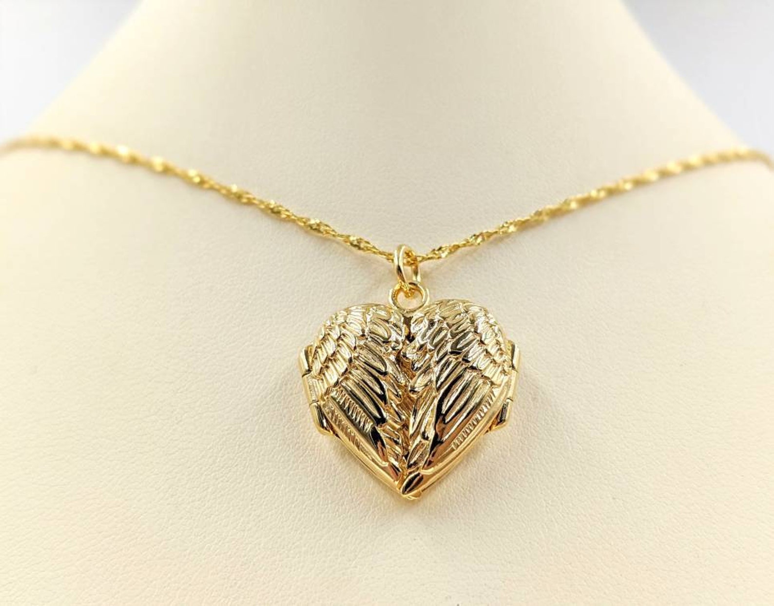 14K Gold Vermeil Wing Heart Locket Necklace; Gold Angel Wing Locket ...