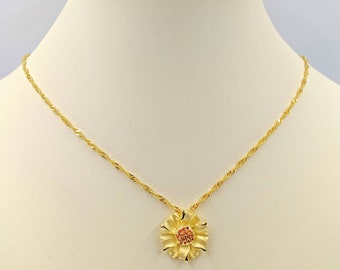 Two Tone Pave Sunflower Necklace; 925 CZ Sun Flower Necklace on Gold Chain; Gold Sunflower Necklace with Silver Leaves, Infinity Close