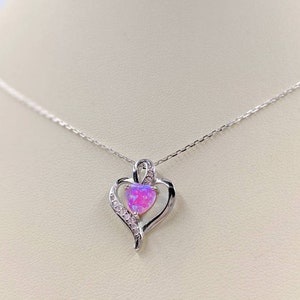 Pink Pave Opal Heart, Sterling Silver Necklace Heart w 925 Pink Fire Opal Pendant w Opal CZ Pave Heart Center, Infinity Lobster Clasp