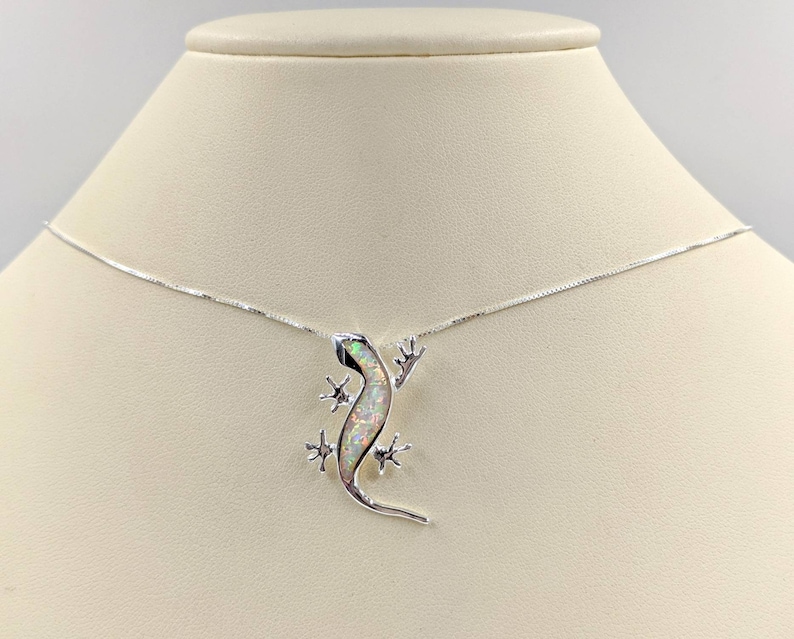 White Opal and 925 Sterling Silver Lizard Necklace; Gecko Lizard Necklace; Silver /& White Opal Lizard Pendant; Salamander Infinity Close