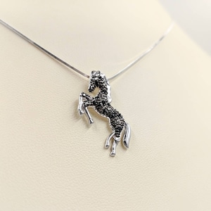 925 Black Stallion Pave Horse Necklace; Horse Pendant; 3D Black Pave Pony Necklace; 925 Foal Necklace; Rearing Onyx Horse, Infinity Close