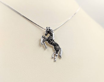 925 Black Stallion Pave Horse Necklace; Horse Pendant; 3D Black Pave Pony Necklace; 925 Foal Necklace; Rearing Onyx Horse, Infinity Close