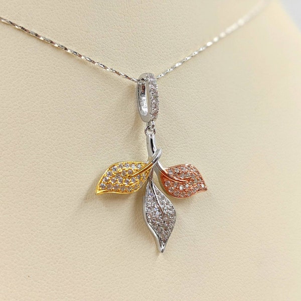 Rose and Rose Gold Silver Leaf Pendant; Tri Tone Leaf Necklace; 925 Pave Leaf Pendant; CZ Leaf Necklace; Three Lead Necklace, Infinity Close