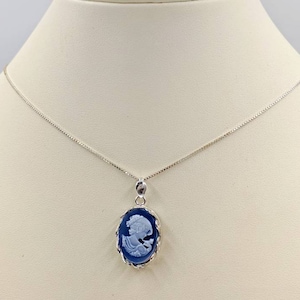 Agate Victorian Cameo; 925 Genuine Agate Cameo Necklace; Blue Woman Agate Cameo, Sterling Chain and Filigree Setting; Infinity Clasp & Close