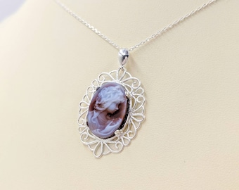 Cameo Necklace; Genuine Red Agate Cameo Necklace w 925 Sterling Setting and Chain; Cameo Jewelry; Red Lady Cameo Necklace; Infinity Close