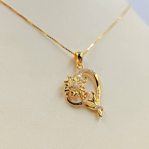 You Are My Sunshine Gold Pave Sunflower Heart Necklace; You Are My Sunshine Necklace; 925 Gold Sunflower CZ Necklace, Infinity Close