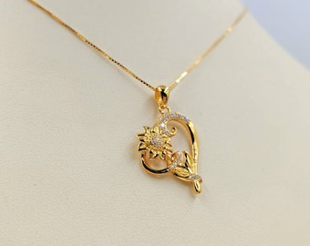 You Are My Sunshine Gold Pave Sunflower Heart Necklace; You Are My Sunshine Necklace; 925 Gold Sunflower CZ Necklace, Infinity Close