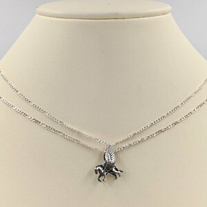 Sterling Silver Double Strand Necklace w Figaro Chain & Sterling 925 Pegasus Horse Pendant, with Infinity Link and Infinity Lobster Close