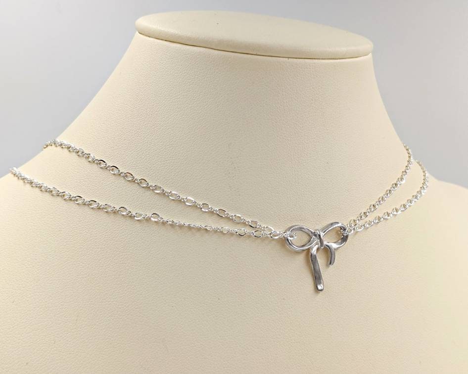 Double Chain With Silver Bow; 925 Bow Necklace; Necklace