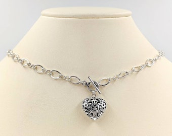 925 Sterling Silver Heart Toggle Necklace; Heart Toggle; Puffy Heart Toggle Necklace; 925 Puffed Heart Toggle Necklace; Toggle with Heart