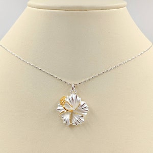 Silver Chain Two Tone Plumeria Necklace; 925 Plumeria Necklace; Gold Hawaiian Flower Necklace with White and Gold Plumeria, Infinity Close