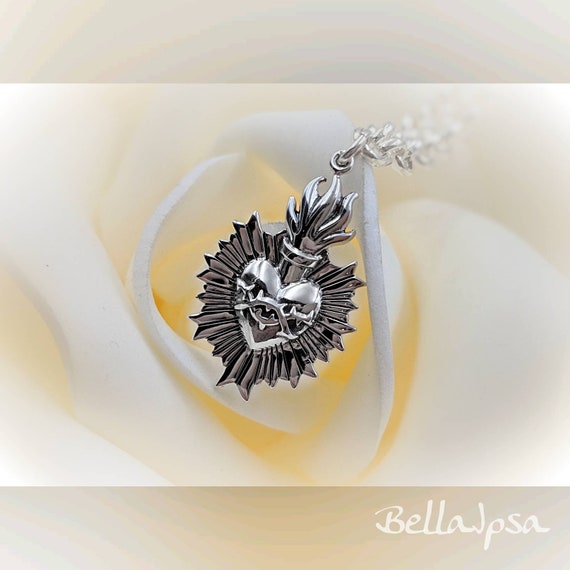 Heavy Chain Sterling Silver Burning Heart Necklace; 925 Burning