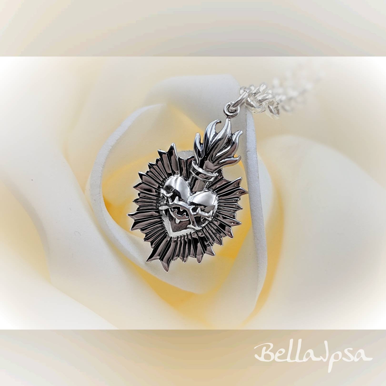 Heavy Chain Sterling Silver Burning Heart Necklace; 925 Burning
