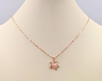 Rose Gold Sea Turtle Necklace; 925 Sterling & Rose Turtle, 925 Rose Necklace w Hanging Sea Turtle; Rose Turtle Pendant with Infinity Close