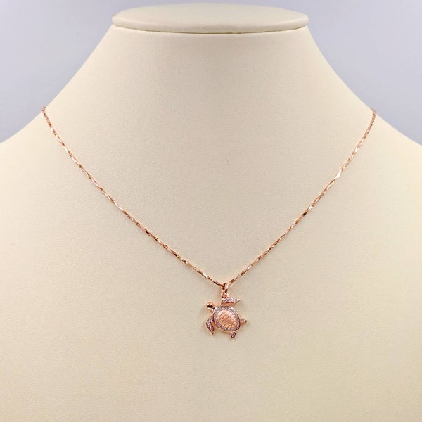 Rose Gold Sea Turtle Necklace; 925 Sterling & Rose Turtle, 925 Rose Necklace w Hanging Sea Turtle; Rose Turtle Pendant with Infinity Close