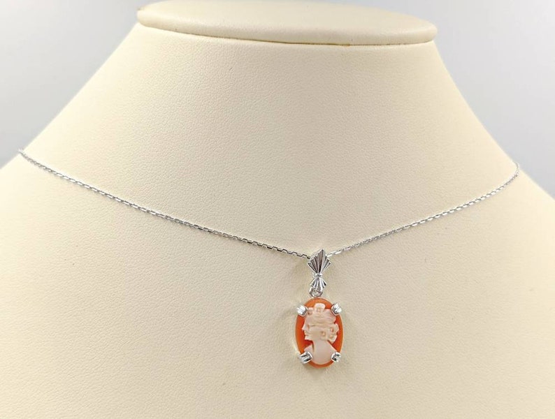 925 Petite Shell Cameo Peach Orange Shell Cameo Necklace w Sterling Silver Setting Shell Cameo Necklace Shell Cameo, Infinity Close image 4