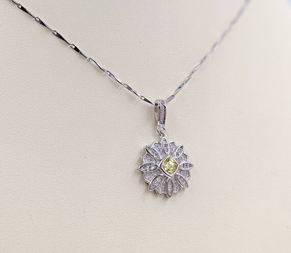 Sterling Silver & CZ Pave Sunflower Necklace W Yellow Center