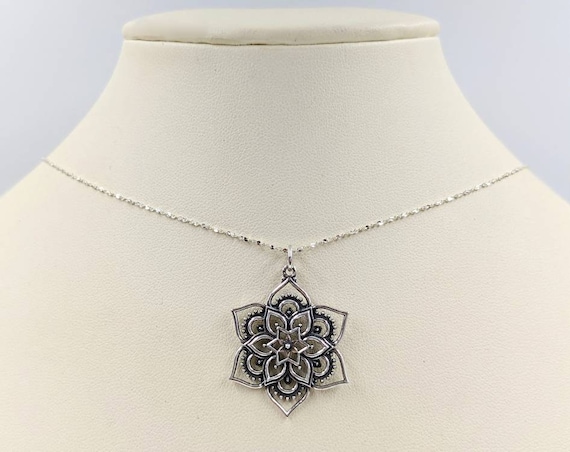 925 Sterling Silver Buddha Lotus; Yoga Ohm Buddha Necklace; Large Lotus Necklace; 925 Om Mandala; Silver Lotus Flower; Fancy Lotus Flower