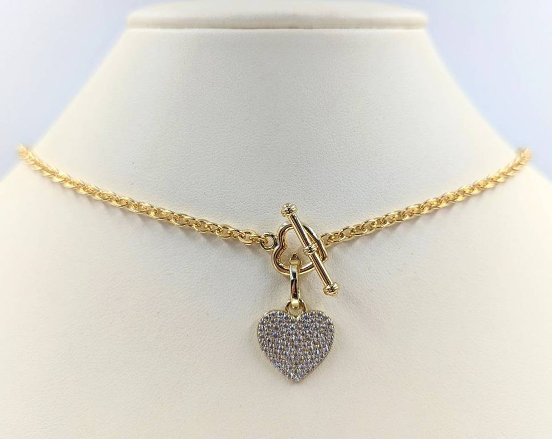 Gold Heart Toggle Necklace With Pave Heart Toggle Necklace With 14K