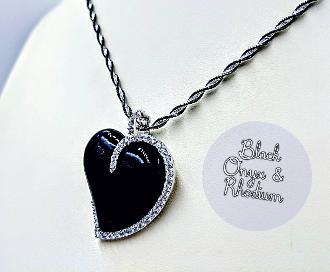 Black Onyx, Rhodium & Silver Heart Necklace-925 Onyx Black