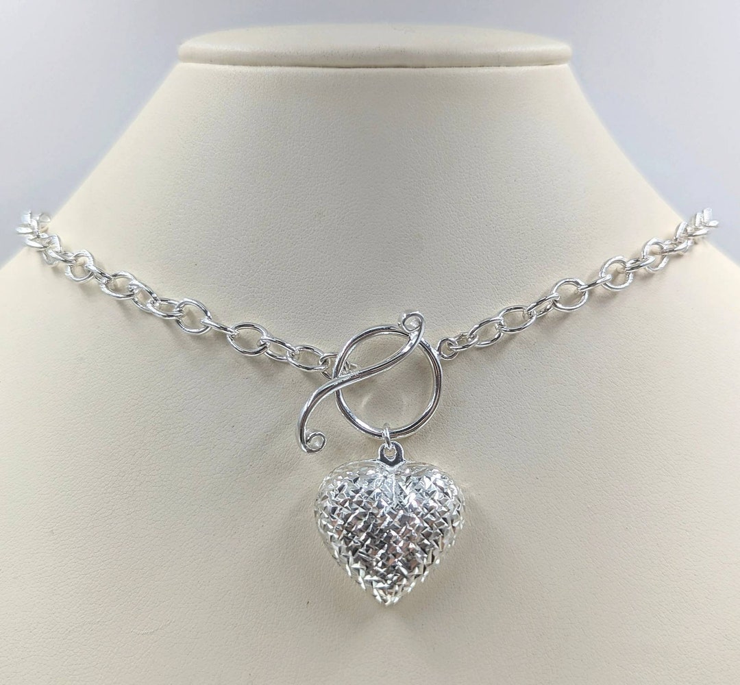 925 Sterling Silver Heart Toggle Necklace; Heart Toggle; Puffy Heart ...