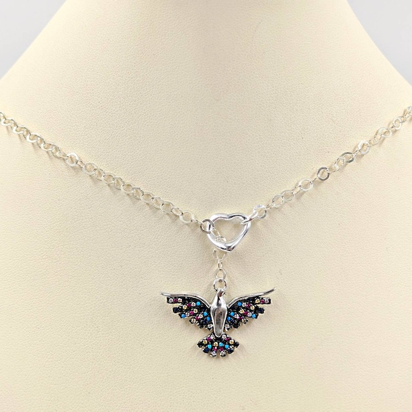 Sterling Silver Phoenix Rising Necklace; 925 Phoenix Rising Lariat; Bird Drop Pendant; Multi Color Pave Phoenix Necklace, Infinity Close