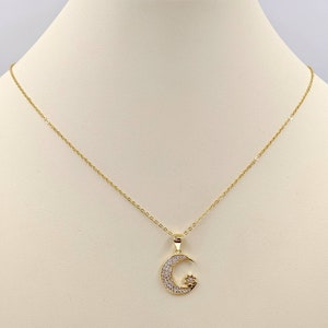 Gold Crescent Moon Necklace; Textured Gold Crescent Moon Necklace; 925 Moon Pendant with Gold Star; Star and Moon, Easy On Infinity Close