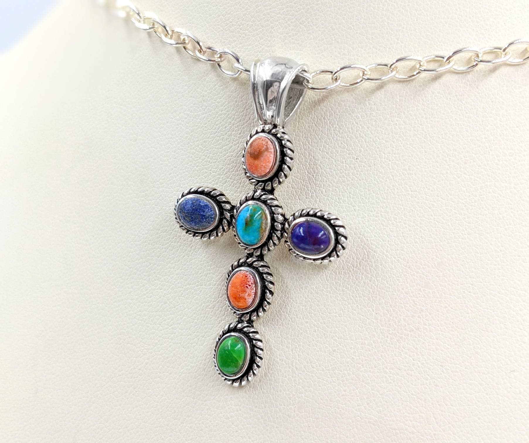 925 Sterling Silver Multi Stone Cross; Antiqued Look Stone Cross ...