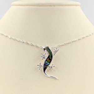 Abalone and 925 Sterling Silver Lizard Necklace;  Gecko Lizard Necklace; Silver & Abalone Shell Lizard Pendant; Salamander, Infinity Close