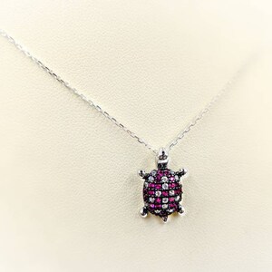 Pink & Clear Pave CZ Turtle Necklace; 925 Sea Turtle with Pave Detail, 925 Chain; Sterling Turtle; Pink CZ Turtle Necklace, Infinity Close