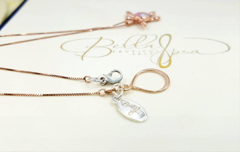 Adorable 925 Pink Opal Rose Gold Turtle Pendant w CZ Detail on Sterling and Rose Gold Box Chain Rose Gold Infinity Link and Sterling Clasp