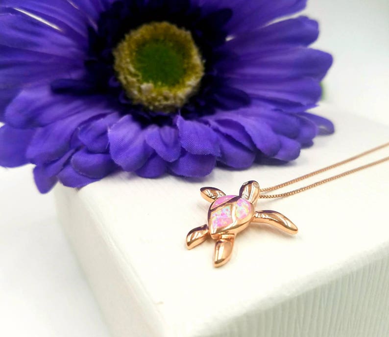 Adorable 925 Pink Opal Rose Gold Turtle Pendant w CZ Detail on Sterling and Rose Gold Box Chain Rose Gold Infinity Link and Sterling Clasp