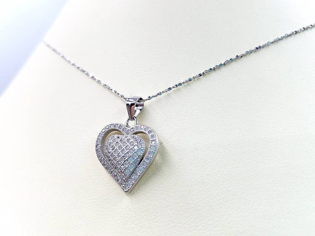 Heart Necklace - Sterling Silver Figaro Chain Necklace With