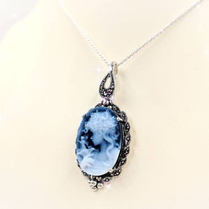 Victorian Fairy Cameo Necklace - Black / Blue Genuine Agate Cameo w Sterling Marscaite Setting & Rope Chain, Infinity Clasp Easy On Close
