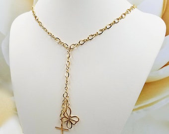 14K Gold Filled Infinity Lariat Necklace; 24K Gold Cross and Gold Butterfly Y Necklace; Gold Butterfly and Cross, Infinity Clasp & Link