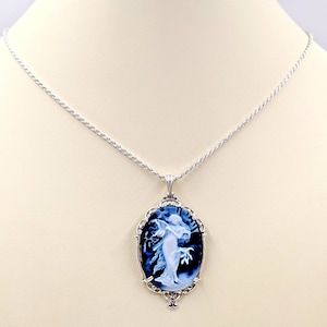Mucha Agate Cameo; Classic Victorian Cameo Necklace; Blue Genuine Agate Cameo w 925 Filigree Setting & Sterling Chain; Mucha, Infinity Close