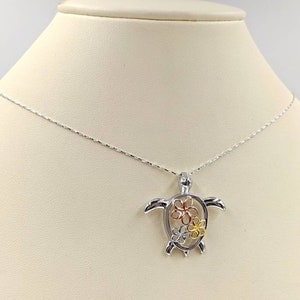 Tri Tone Turtle with Silver, Gold, & Rose Gold Turtle Necklace and Plumeria Flowers; 925 Sea Turtle with Hibiscus Flowers; Infinity Close