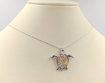 Tri Tone Turtle with Silver, Gold, & Rose Gold Turtle Necklace and Plumeria Flowers; 925 Sea Turtle with Hibiscus Flowers; Infinity Close