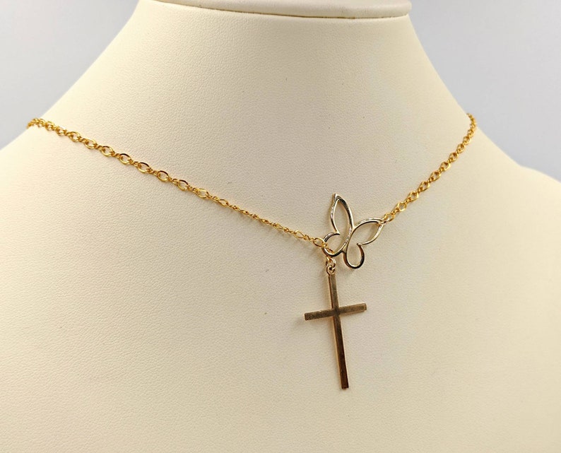 Gold Cross Necklace; Gold Butterfly /& Cross; 14K Cross w Butterfly; Butterfly Lariat Cross; Adjustable Gold Cross Necklace Infinity Close
