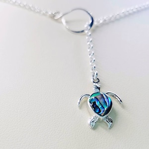 925 Sterling Silver Abalone Shell Turtle Infinity Necklace with 925 Turtle and Rolo Chain, Infinity Link Center, & Infinity Lobster Close