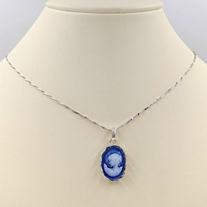 Agate Victorian Cameo; 925 Genuine Agate Cameo Necklace; Blue Woman Agate Cameo, Sterling Chain and Filigree Setting; Infinity Clasp & Close